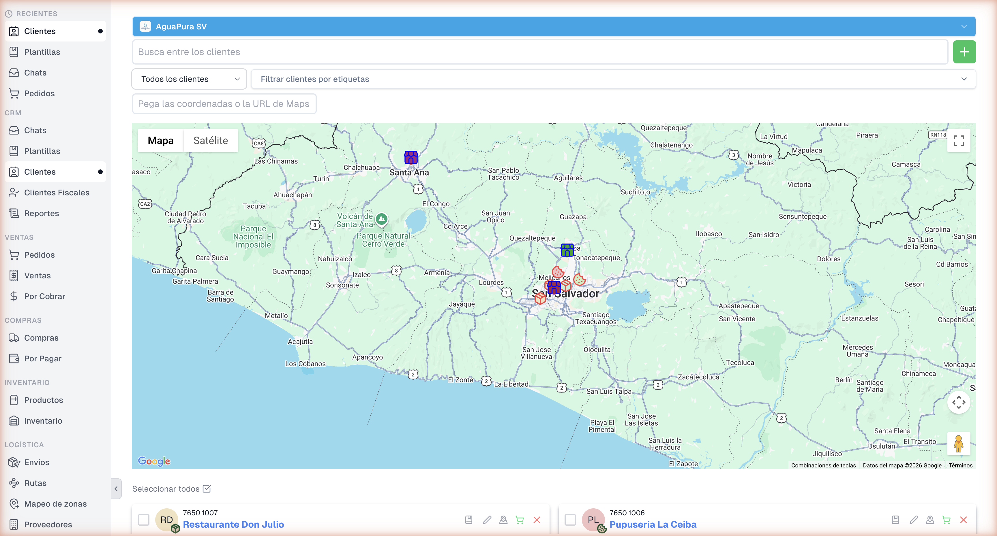 Mapa de clientes de AguaPura SV