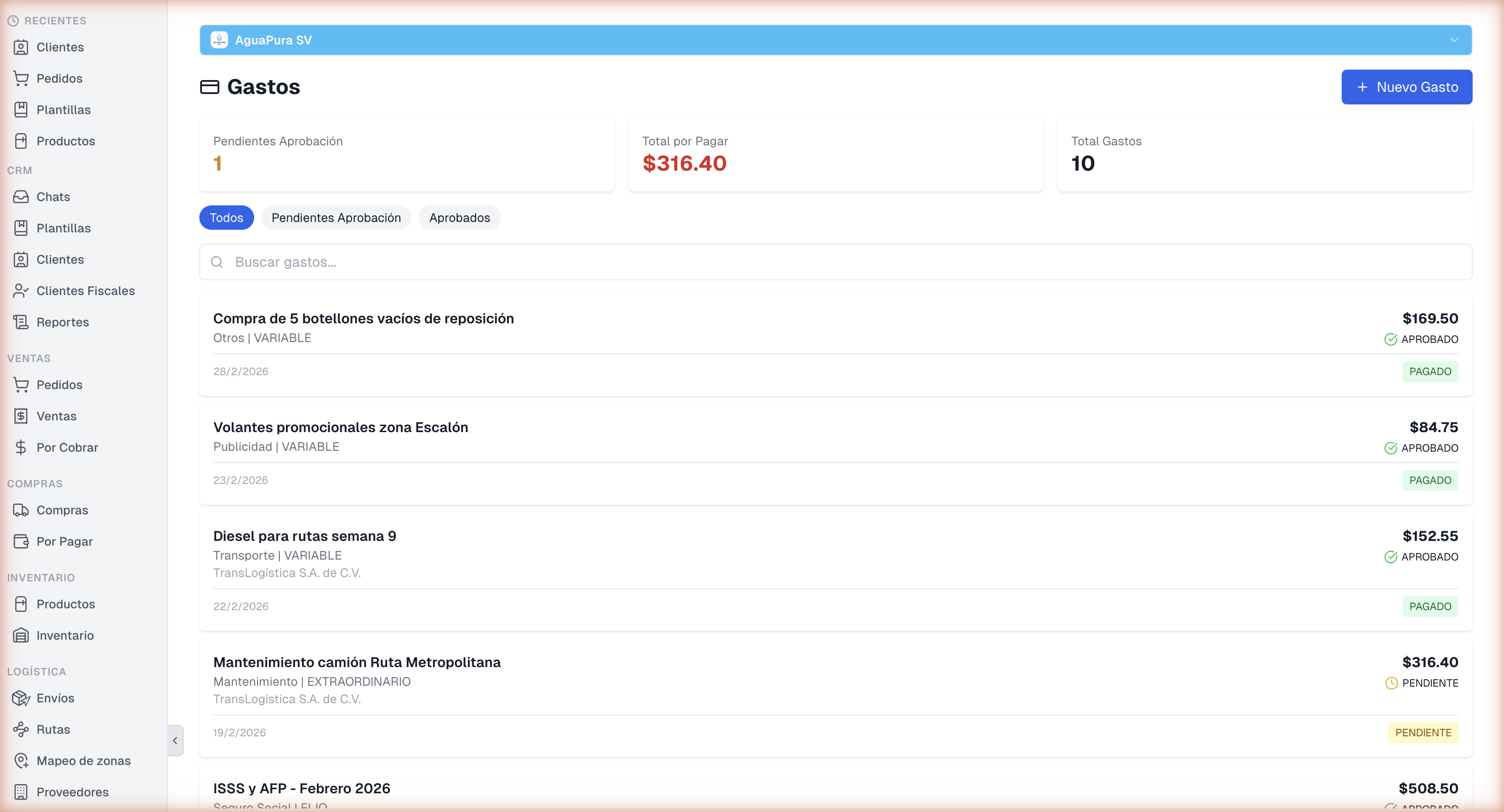 Dashboard de gastos de AguaPura SV