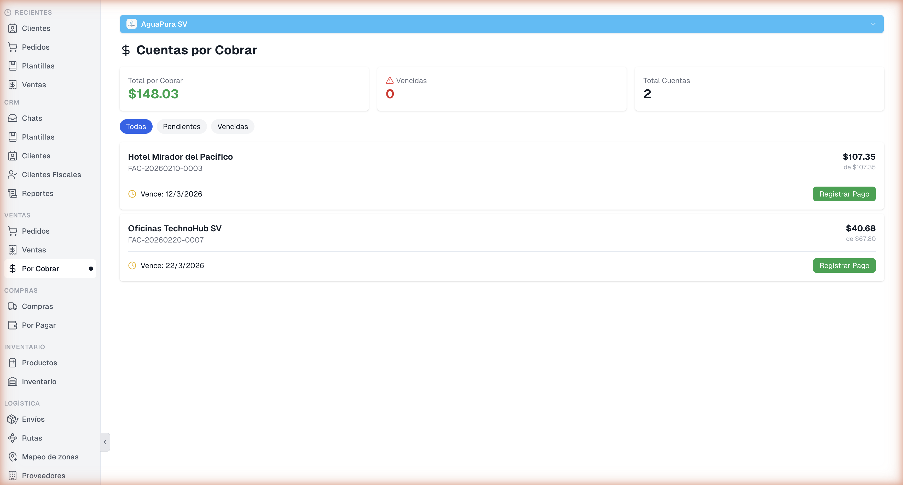 Dashboard de cuentas por cobrar de AguaPura SV