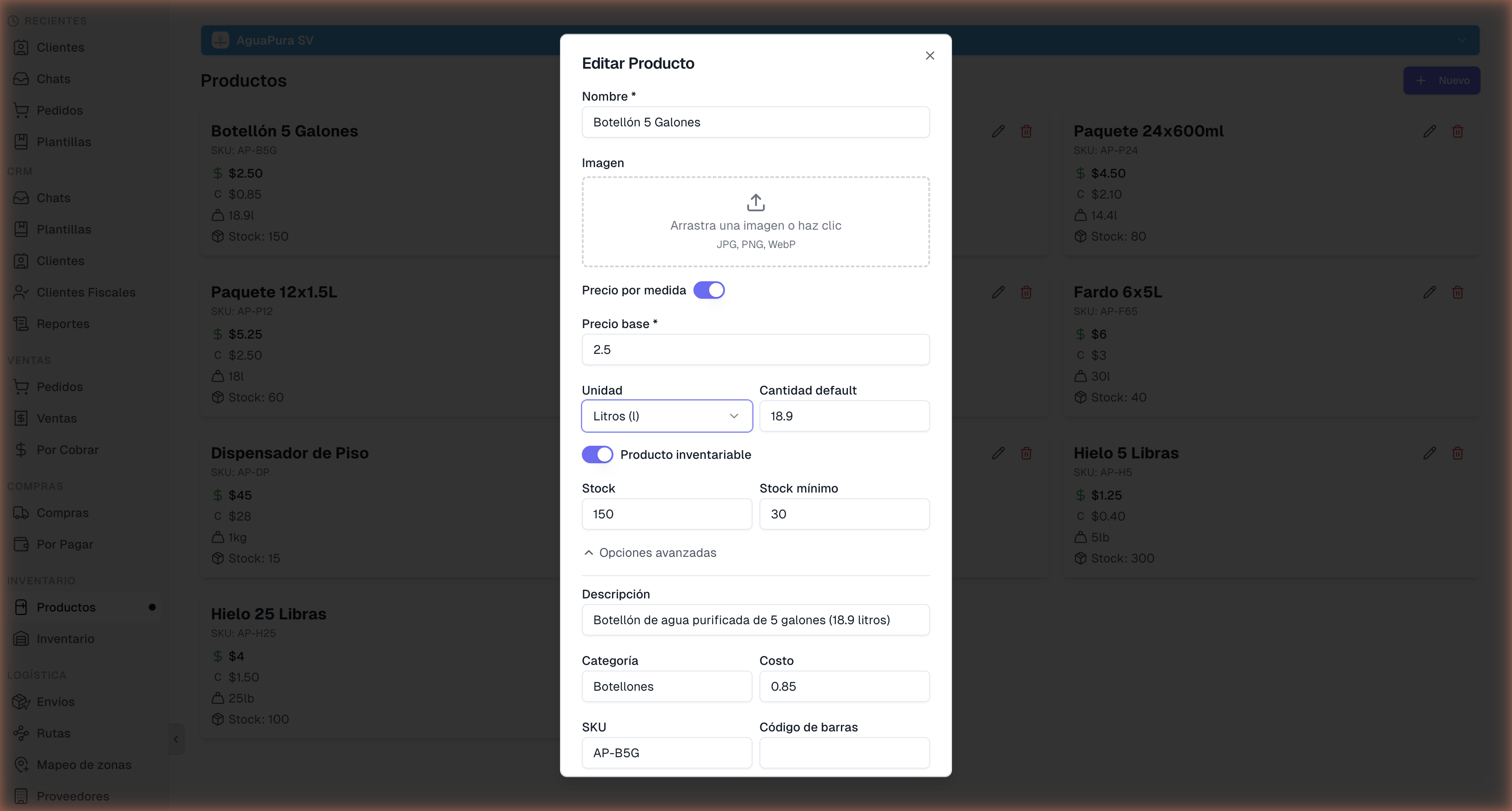 Dropdown de unidades de medida