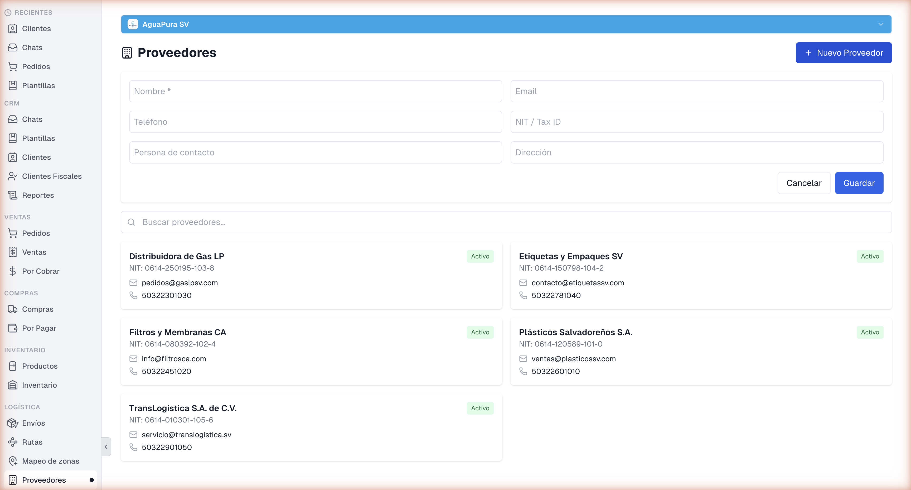 Formulario Nuevo Proveedor