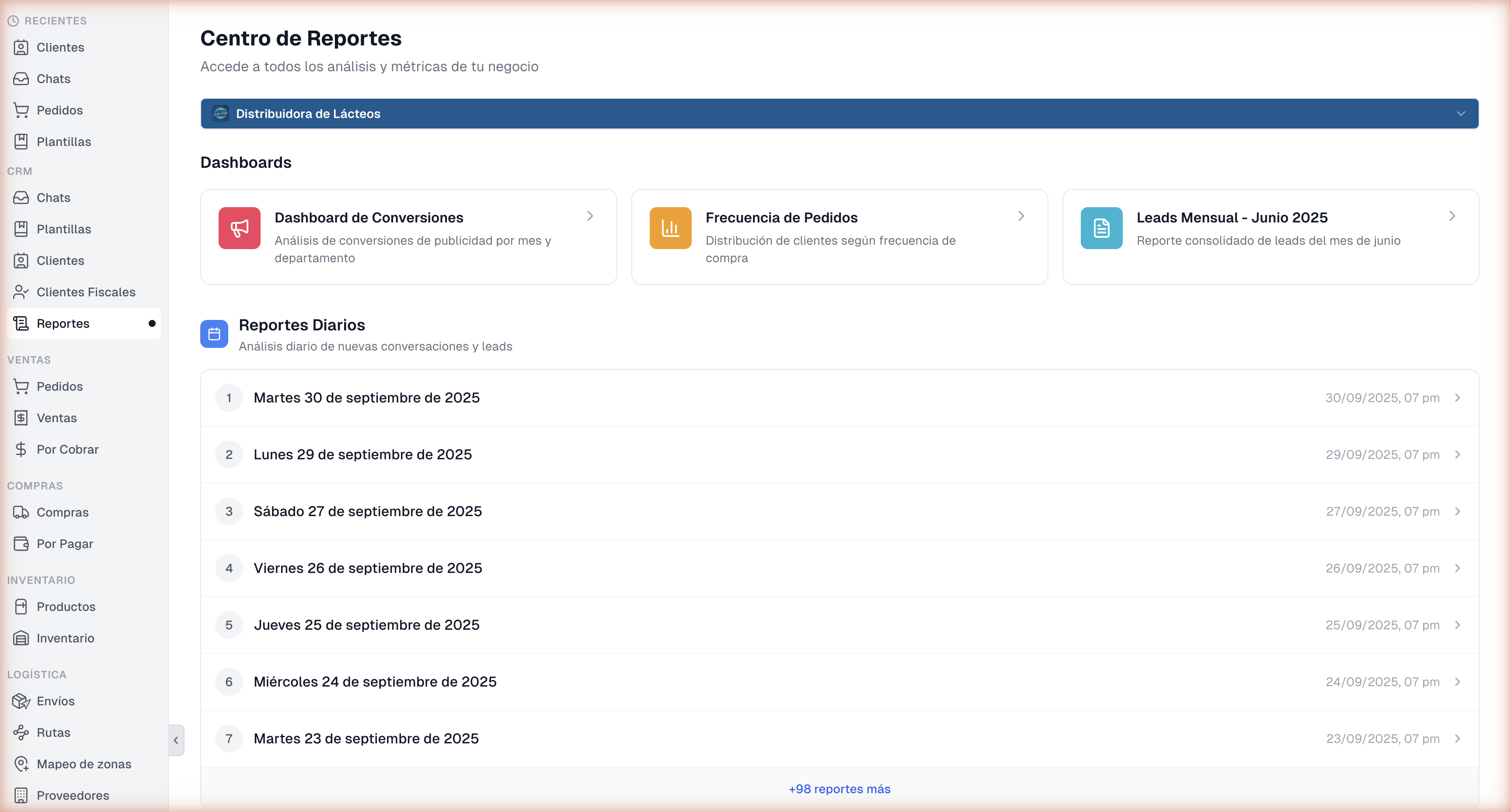 Centro de Reportes con Distribuidora de Lácteos