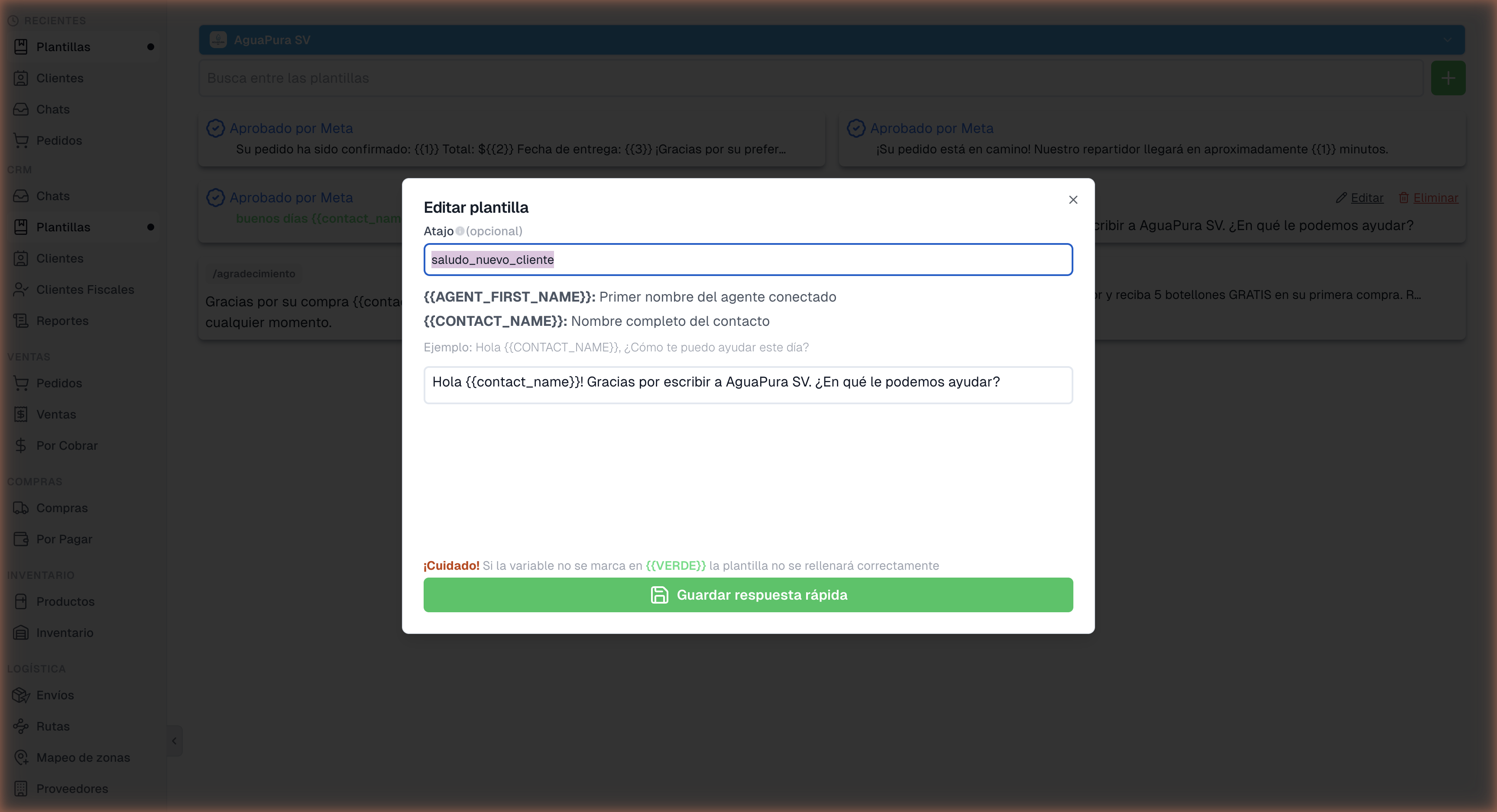 Modal de edición de plantilla